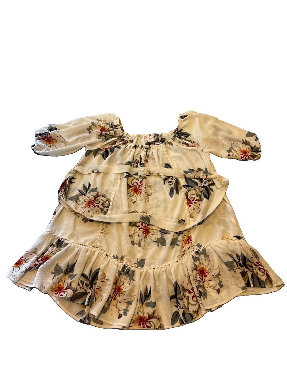 L’ATISTE Floral Elastic Neck Line Ruffle Mini Dress With Tie Belt EUC Size S